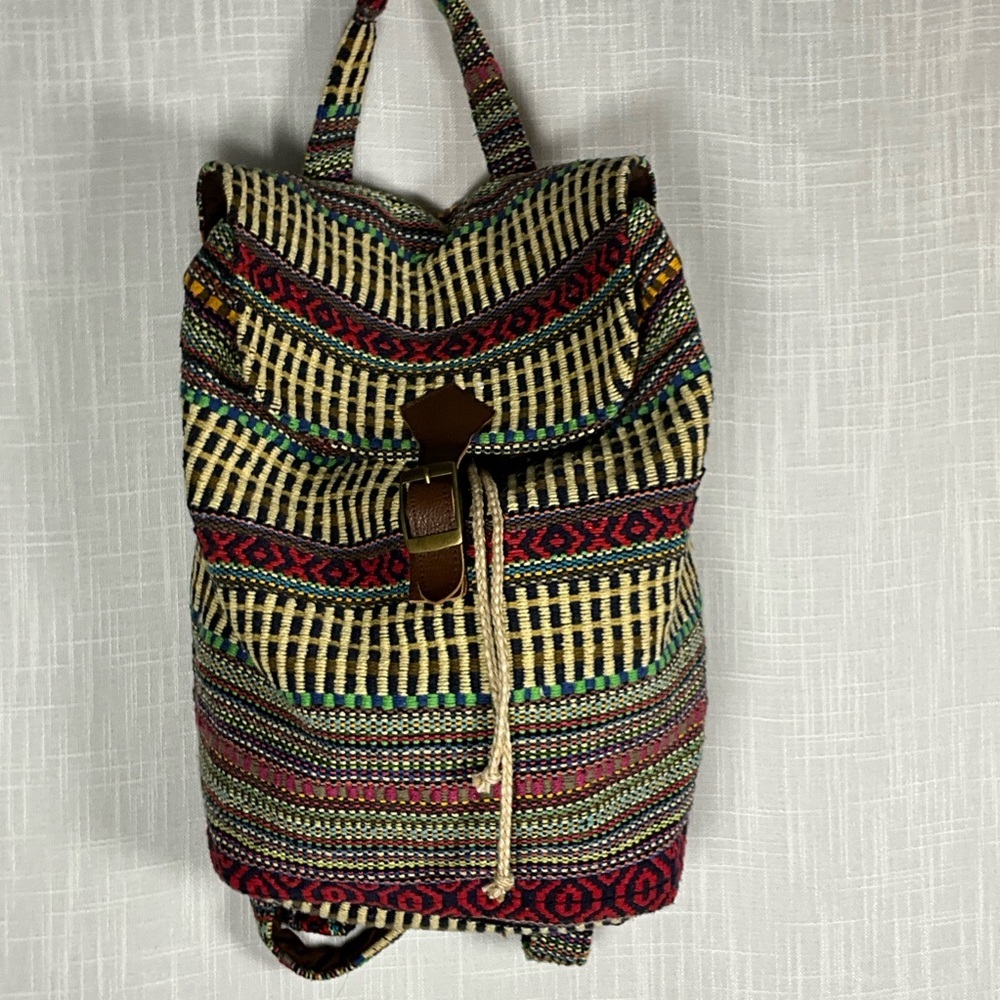 Boho Woven Backpack Multicolor Patterned - Drawstring - Picture 1 of 9